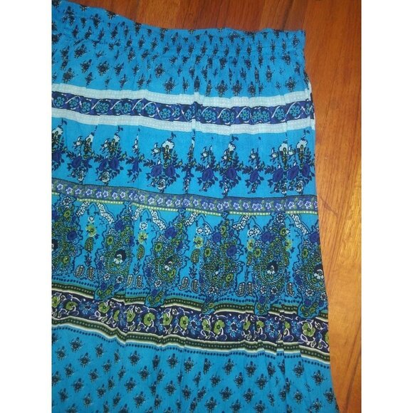 Womens L maxi skirt Cottagecore Peasant modest Boho printed teal blue side slits - Picture 11 of 11